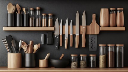 Poster - Modern Kitchen Counter with Elegant Wooden Utensils and Sleek Design Elements : Generative AI