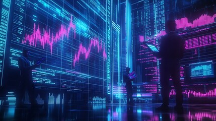 Poster - Innovative Digital Trading Floor with Graphs and Data Screens Showcasing Modern Business : Generative AI