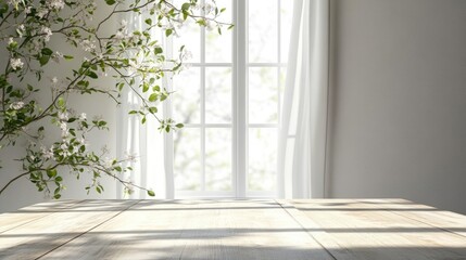 Poster - White wooden table beside a spacious spring window with ample space for text or graphics