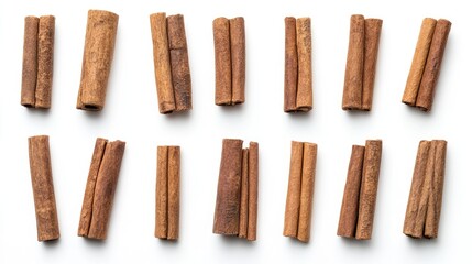 Collection of cinnamon sticks on a white background