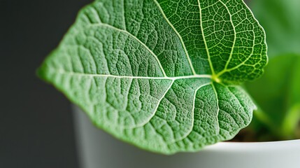 Close Up of Green Leaf Showing Distinct Veins in a White Pot