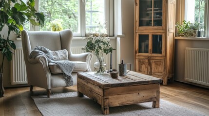 Poster - Scandinavian living room interior featuring a wing chair beside a rustic wooden coffee table