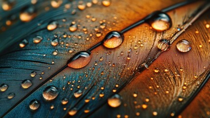 Poster - Close up of stunning droplets on a feather against an artistic background with reflections showcasing intricate details in a macro shot