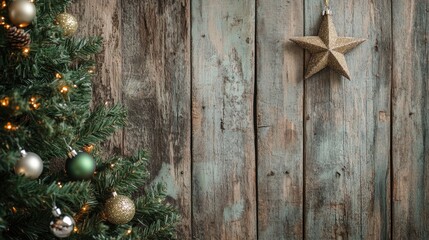 Wall Mural - Christmas decorations on a wooden backdrop featuring a vintage style and a green Christmas tree in the scene