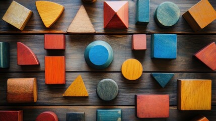 Poster - Vibrant Wooden Shapes Displayed Creatively on a Wooden Surface