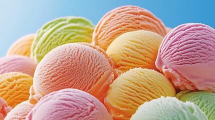 Aufkleber - Vibrant Assorted Ice Cream Scoops on Bright Blue Background : Generative AI