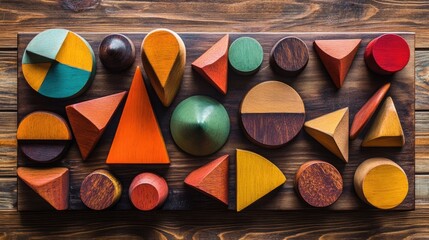 Poster - Vibrant Wooden Shapes Displayed Creatively on a Wooden Surface