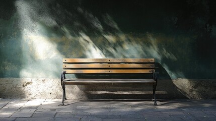 Close up view of a bench against a wall illuminated by sunlight