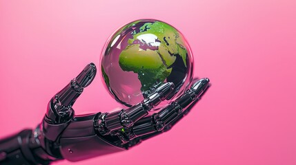 A robotic hand holds a glass globe representing the Earth against a vibrant pink background. The image evokes a sense of technology and the future of our planet.