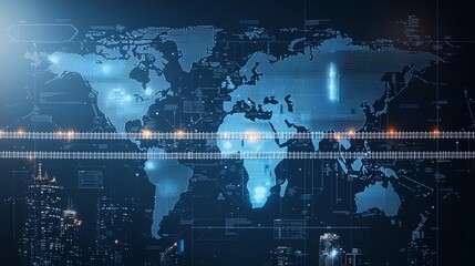 Aufkleber - A digital world map with glowing elements, showcasing global connectivity and technology trends in a modern design.