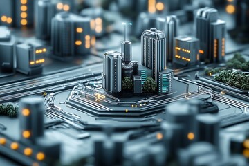 Poster - Intricate Cityscape Model with Skyscrapers and Miniature Trees in a Digital Environment : Generative AI