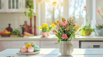 Wall Mural - Spring flowers and Easter eggs on white table with kitchen window in background