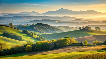  Soft focus photograph of a serene landscape with rolling hills and a distant mountain range, serene, foggy, atmospheric, scenery, mountains