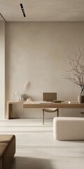 Poster - A minimalist office space with a wooden desk and a chair. A potted plant sits on the desk