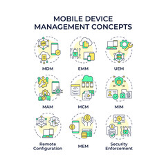  Mobile device management multi color concept icons. Data control, security. Privacy protection, corporate. Icon pack. Vector images. Round shape illustrations for infographic. Abstract idea