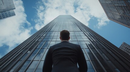 Poster - A man in a suit stands in front of a tall building, looking up at the sky
