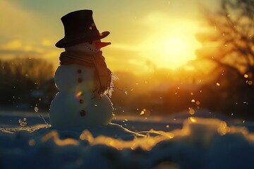 Wall Mural - Silhouette of a snowman with a hat and scarf against a wintry scene.