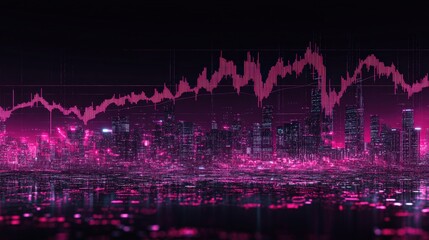 A digital stock market graph illustrates upward trends, set against a modern city skyline twinkling in neon hues during nighttime. The graph emphasizes financial growth