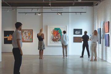 Visitors admire contemporary art at a spacious gallery during a sunny afternoon, engaging with various vibrant artworks on display