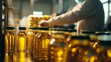 A worker is filling bottles with oil