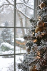 Wall Mural - A Christmas tree with gold ornaments sits in front of a window with snow on the ground