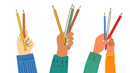 Poster - Trendy Hands Holding Colorful Pencils in an Abstract Collage Generative AI