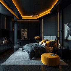 Stylish master bedroom interior with dark black walls and yellow accents luxurious elegant modern master bedroom 