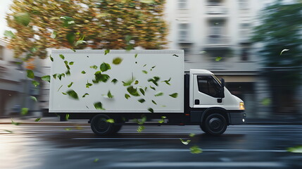 White delivery truck with green leaves, Generative AI