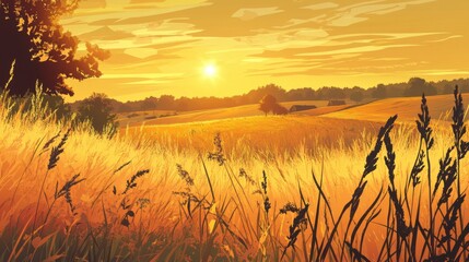 A beautiful vector scene of a countryside meadow in summer,