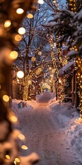 Wall Mural - Christmas lights intertwined with a snowy street.