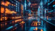 © addymawy - Digital Data Corridor Illuminated by Neon Blue and Orange Lights