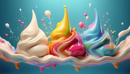 Vibrant abstract 3d ice cream rainbow colors flowing over drops background