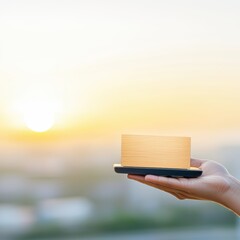 Poster - Entrepreneur Holding Futuristic Tablet at Sunrise