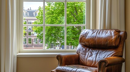 Brown leather chair in corner, window with white curtains, green trees outside, Dutch cityscape, beige walls.