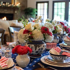 Wall Mural - Cozy Memorial Day gathering indoors with red, white, and blue accents.