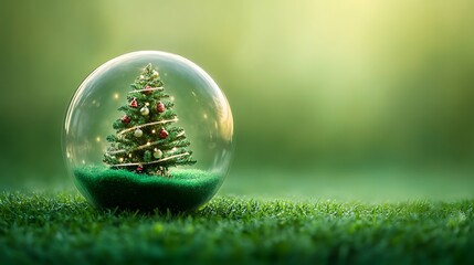 Closeup shot of a beautifully decorated Christmas tree ornamented inside a transparent glass sphere, set against a lush green backdrop, evoking the spirit of the holiday season.