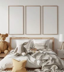 A cozy bedroom with a wooden bed. a teddy bear. and three blank frames on the wall