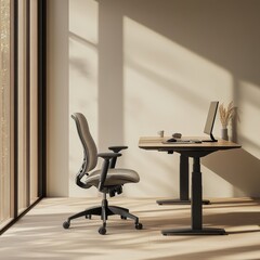 Poster - A desk with a computer and a chair. The chair is black and white and has wheels