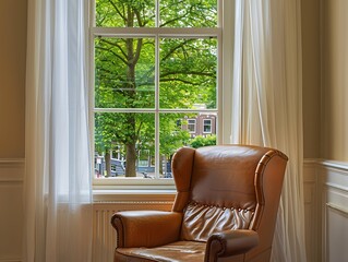 Brown leather chair in corner, white curtains on window, green trees outside, Dutch cityscape, beige walls.