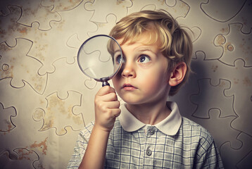 Curious young boy holding magnifying glass with puzzled look and vintage background

