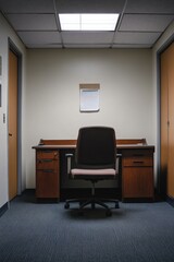 Poster - A small office with a desk and chair. The desk has a cork board on it