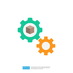 Poster - This image features two interlocking gears, one turquoise and one orange, with a brown box in the center, symbolizing industrial processes or logistics.