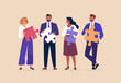© nadzeya26 - Business Teamwork Concept. Vector illustration in a flat style of diverse smiling people standing at full height with puzzle pieces in their hands. Isolated on background.