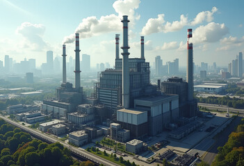 Aerial view of industrial power plant with smokestacks showcasing carbon footprint and environmental pollution