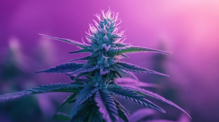 A single cannabis flower with striking purple and green tones,