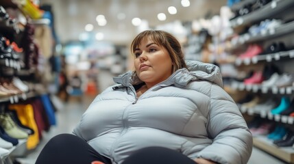 Wall Mural - A woman in a large jacket sits in a store aisle