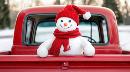 snowman wearing red hat and scarf is sitting in back of red truck, creating cheerful winter scene