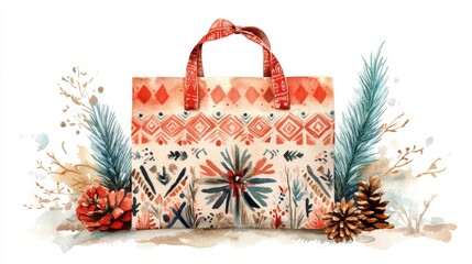 Watercolor painting of a patterned gift bag with pine cones, leaves, and branches