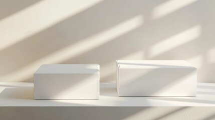 Poster - Two empty white mockup boxes Small cardboard containers displayed on a light backdrop