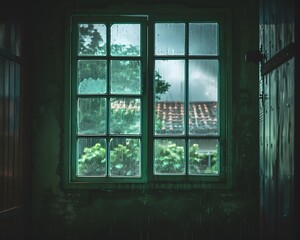 Cinematic photo, light green glass window, dark room, rain cloud outside, old house.